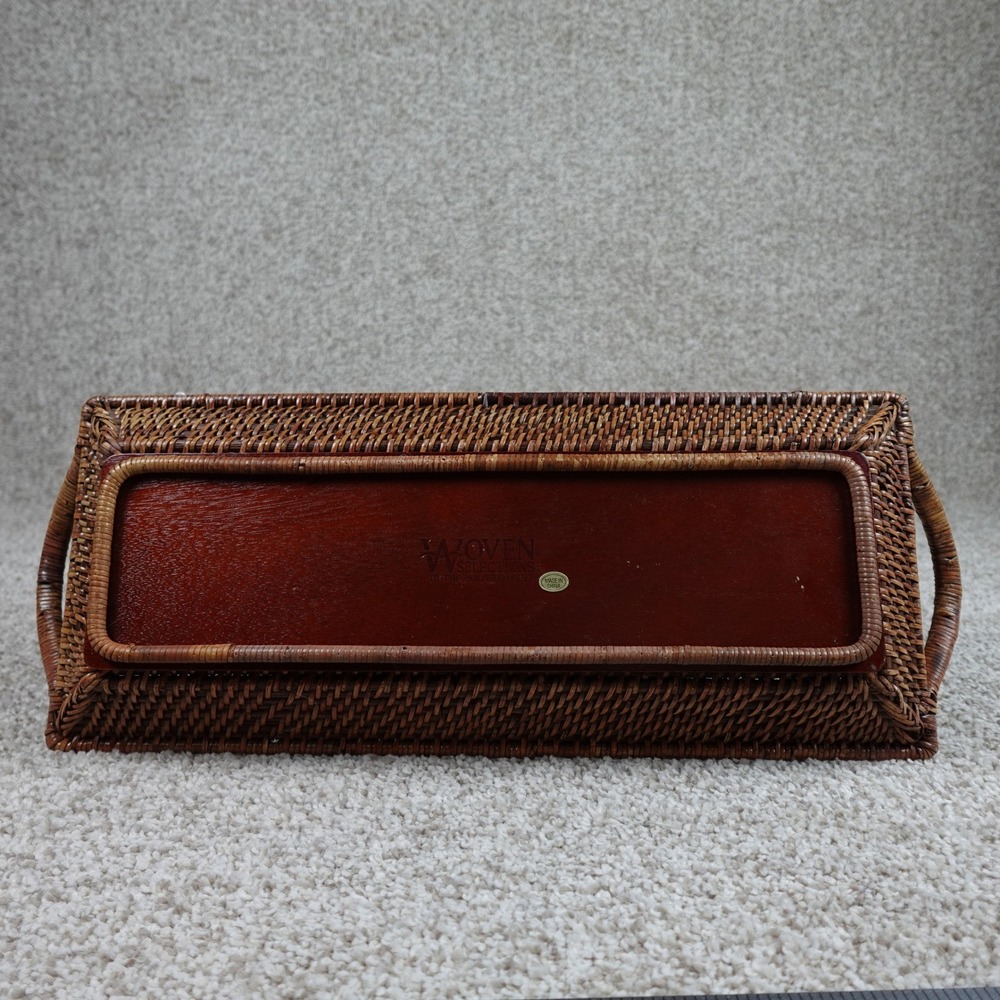 Pampered Chef Woven Selections Rattan Serving Tray Rectangular Brown Wood Base - Picture 3 of 9